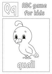 ABC game for kids. Alphabet coloring page. Cartoon character. Word and letter. Vector illustration.
