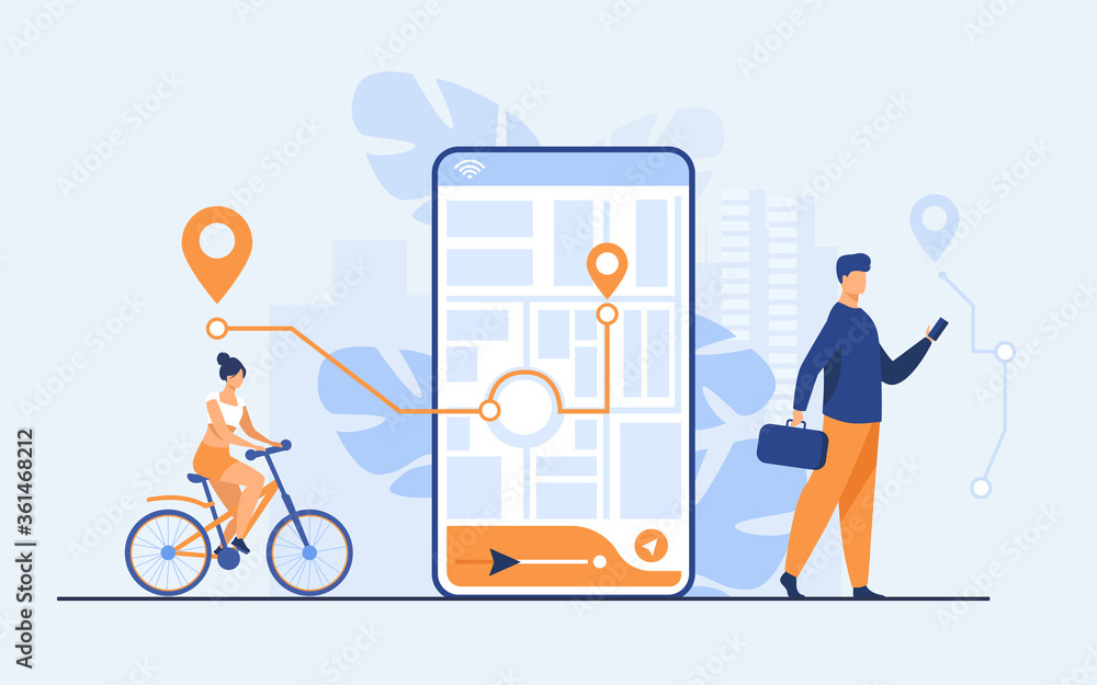 Poster tiny people using mobile application with map outdoors isolated flat vector illustration. cartoon ph