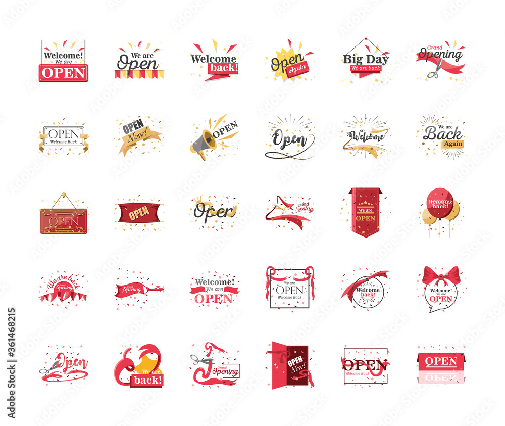 Poster welcome and open day detailed style icon set vector design