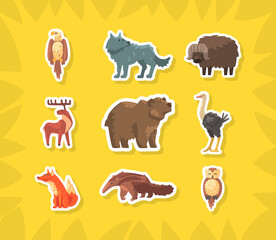Cute Wild Animals Stickers, Eagle, Wolf, Buffalo, Moose, Bear, Ostrich, Fox, Owl, Anteater Vector Illustration