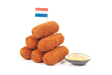Brown crusty dutch kroketten with dutch flag