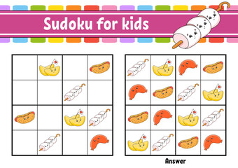 Sudoku for kids. Education developing worksheet. Cartoon character. Color activity page. Puzzle game for children. Logical thinking training. Isolated vector illustration.