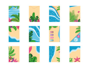 Summer backgrounds top view detailed style frames set vector design