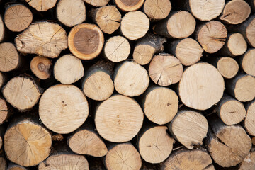 Cross section of the timber, firewood stack for the background. A lot of cutted logs. Stack of sawn logs. Natural wooden decor background. Pile of chopped fire wood prepared for winter.