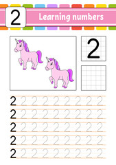 Trace and write. Handwriting practice. Learning numbers for kids. Education developing worksheet. Activity page. Isolated vector illustration in cute cartoon style.