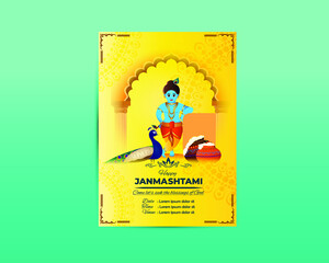vector illustration for Indian festival Janamashtami - flyer ,banner and greeting  with Krishna illustration and  theme elements 