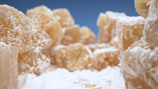 super close up. Details, dessert rahat lokum with coconut