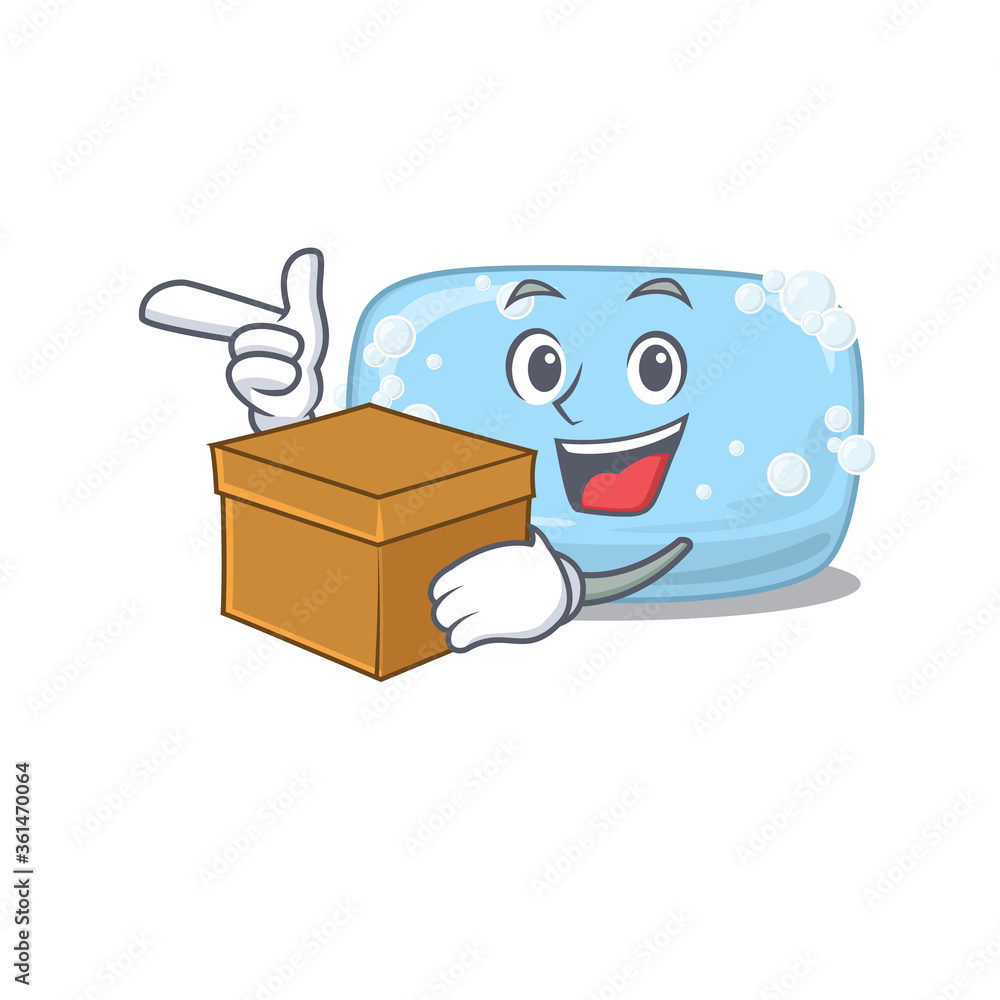 Sticker a smiling soap cartoon mascot style having a box