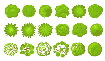 Green trees set. Aerial, plan or top view of park plants, bush, forest or garden. Vector illustrations for garden, landscape, map concept