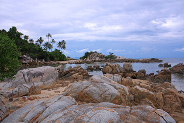 Fototapeta na wymiar Panoramic beach with sand and stones on the island of Sand Bangka Belitung Indonesia