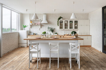 White kitchen in apartment with modern interior