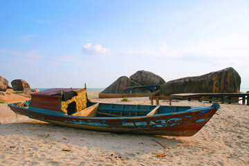 Naklejka na ściany i meble Panoramic beach with a pier on the island of Bangka Belitung Indonesia