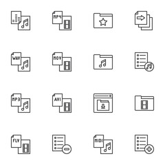 Video and audio file line icons set, outline vector symbol collection, linear style pictogram pack. Signs, logo illustration. Set includes icons as music gallery folder, avi format, mp3, wav, playlist