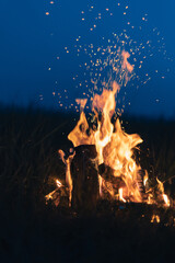 A small bonfire with a bright flame burns at night in the field.