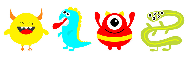 Monster colorful silhouette set line. Happy Halloween. Dino, snake. Cute kawaii cartoon scary funny character icon. Eye, hair, tongue, teeth, hands. Funny baby. White background. Flat design.