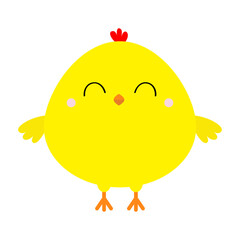 Chicken bird. Happy Easter. Cute cartoon funny kawaii baby chick character. Kids tshirt note book cloth print. Flat design. Greeting card. Yellow color. White background. Isolated.