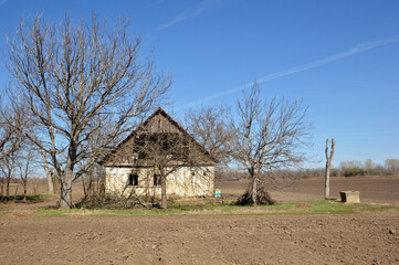 Fototapeta na wymiar old ruined abandoned house in rural landscape, Vojvodina