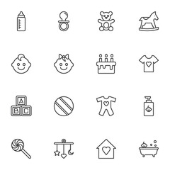 Baby items line icons set, outline vector symbol collection, linear style pictogram pack. Signs, logo illustration. Set includes icons as bear soft toy, pacifier, feeding bottle, bath, boy and girl