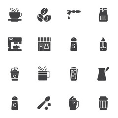 Coffee shop vector icons set, modern solid symbol collection, filled style pictogram pack. Signs, logo illustration. Set includes icons as roasted coffee beans, hot tea cup, sugar, milkshake glass