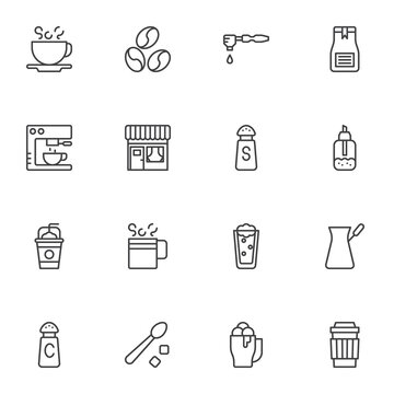 Coffee shop line icons set, outline vector symbol collection, linear style pictogram pack. Signs, logo illustration. Set includes icons as roasted coffee beans, hot tea cup, sugar, milkshake glass