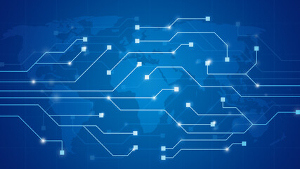 Abstract futuristic circuit board or network illustration with world map. Electronics, technology or computer concept blue background in 4k resolution.