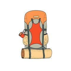Vector flat image of a backpack. Travel backpack. Go Hiking, camping. A backpack with a mug and a mouse pad.