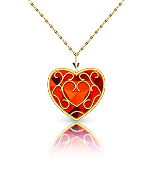 Illustration jewelry gold pendant heart made of ruby gemstone on a chain with reflection.