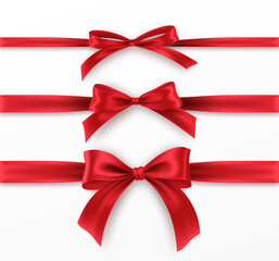 Set Red Bow and Ribbon on white background. Realistic red bow for decoration design Holiday frame, border. Vector illustration