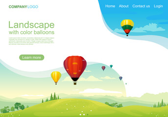 Green natural landscape with color balloons landing page