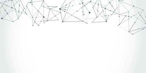 Abstract technology Network nodes with polygonal shapes on dark blue Vector background. Connection science and futuristic technology, digital structure, connected points, web.