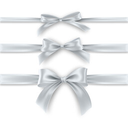 Naklejka premium Set silver Bow and Ribbon on white background. Realistic silver bow for decoration design Holiday frame, border. Vector illustration