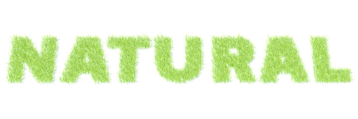 NATURAL word made with grass on white background, 3D rendering