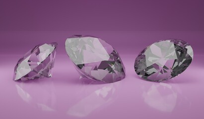 set of pink diamonds on pink or purple background - cgi render illustration 3D