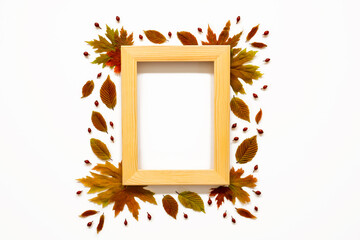 Wooden Frame With Copy Space For Your Text Here. Bright Colorful Autumn Leaf Decoration On White Background