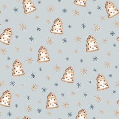 herringbone-shaped gingerbread seamless pattern. watercolor illustration with gingerbread cookie and snowflakes. Background for holiday wrapping paper, use in design.