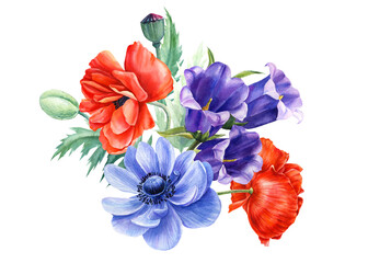 Bouquet of flowers, bells, anemone, bells, poppy on an isolated white background, watercolor painting, flora design