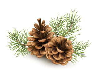 Pine cone with a branch of spruce needles isolated on a white background. Realistic vector illustration