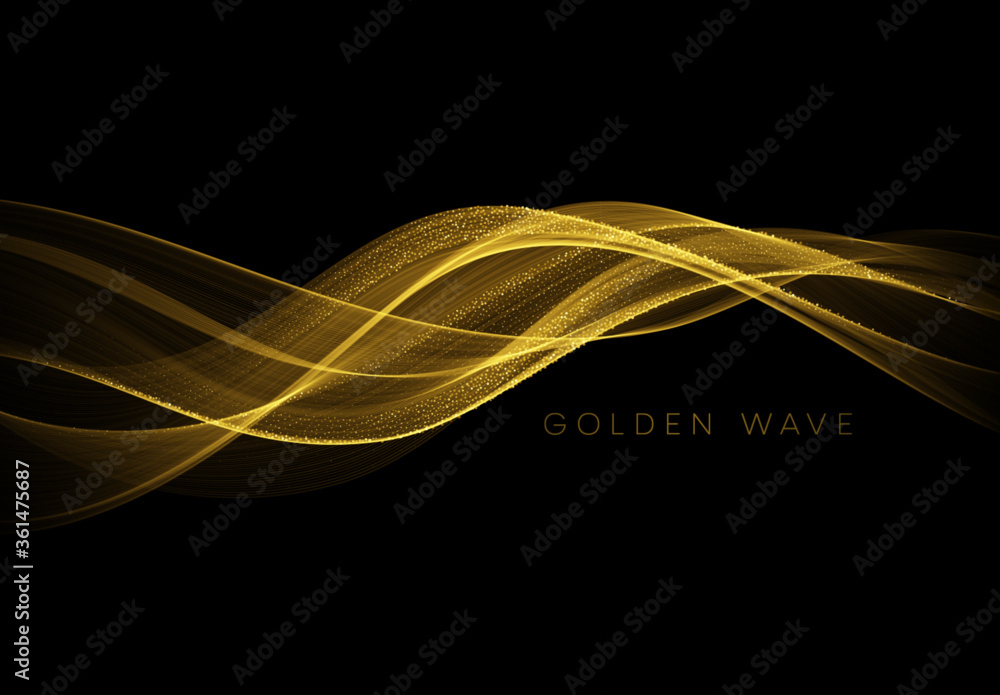 Wall mural abstract shiny color gold wave design element with glitter effect on dark background. vector illustr