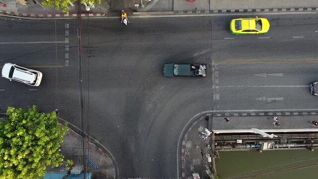 AERIAL DIRECTLY ABOVE A Busy Asian Road T-Intersection