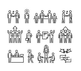 Business People Meeting in Office Vector Line Style Icons Set