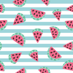Seamless repeated surface vector pattern design with fresh watermelons on a striped white and light blue background