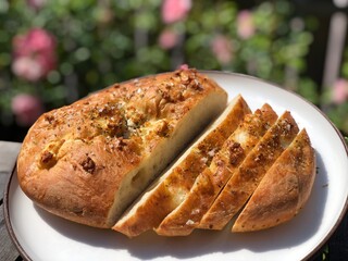 Sliced focaccia in garden
