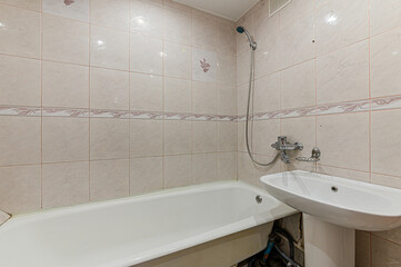 Russia, Moscow- February 07, 2020: interior room apartment modern bright cozy atmosphere. general cleaning, home decoration, preparation of house for sale. bathroom, sink, decoration elements, toilet