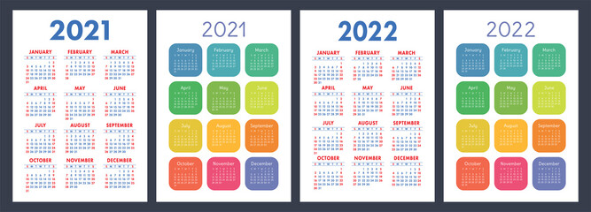 Calendar 2021 and 2022. English color vector set. Vertical wall or pocket calender template. Design collection. New year. Week starts on Sunday