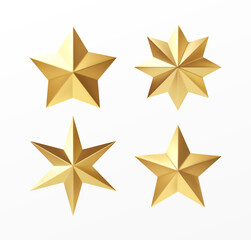 Obraz premium Set of golden realistic stars with different rays isolated on a white background. Vector illustration