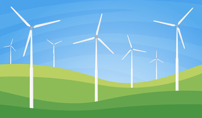 Fototapeta premium Wind turbines farm in the summer green field. Rural landscape. Vector illustration.