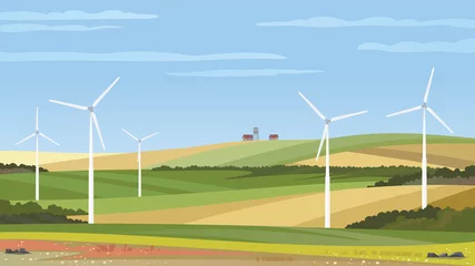 Fotobehang Blauwe hemel Summer field landscape. Vector background with green hills, blue sky and wind turbines. Farm scene.  © NMacTavish