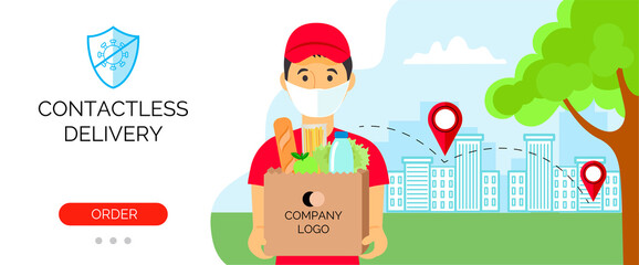 Safe delivery service. Banner food online order. A masked courier holds a bag of food against the background of the city. Vector illustration for your business.