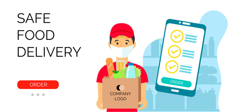 Safe food delivery banner template. Delivery guy with package with products. Online ordering food from the store via the app on your smartphone