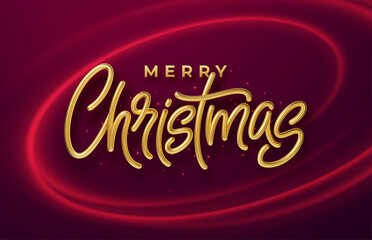 Realistic shiny 3D golden inscription Merry Christmas on a background with red bright waves. Vector illustration